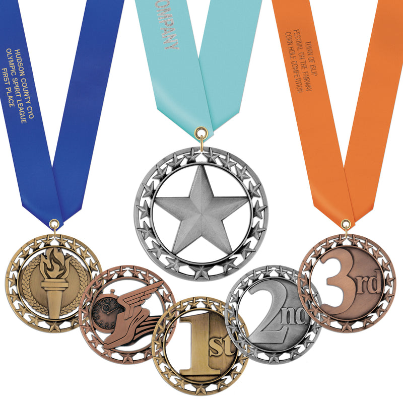 2-3/4" Custom Rising Star Award Medal With Satin Neck Ribbon
