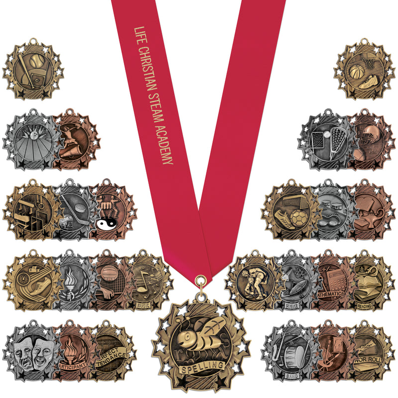 2-1/4" Custom Ten Star Award Medal With Satin Neck Ribbon