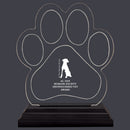 Engraved Small Paw Print Shaped Acrylic Trophy w/ Black Base