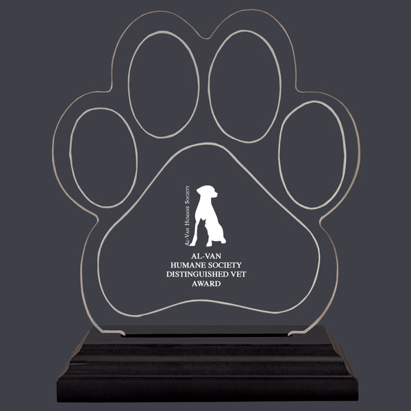 Engraved Small Paw Print Shaped Acrylic Trophy w/ Black Base