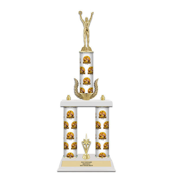 20" Custom 3 Column Trophy with Trim and White Marble Base