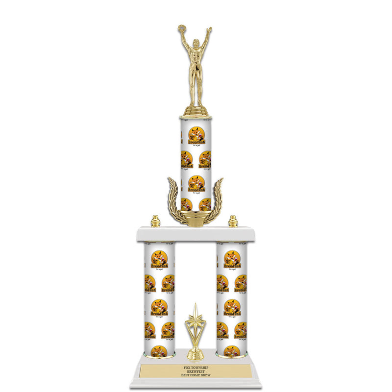 20" Custom 3 Column Trophy with Trim and White Marble Base