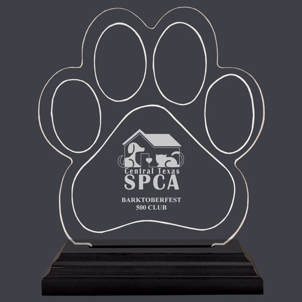Engraved Small Paw Print Shaped Acrylic Trophy w/ Black Base