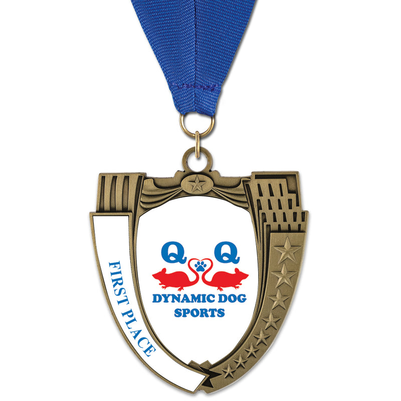 2-3/4" Custom MS Mega Shield Swimming Award Medal With Grosgrain Neck Ribbon