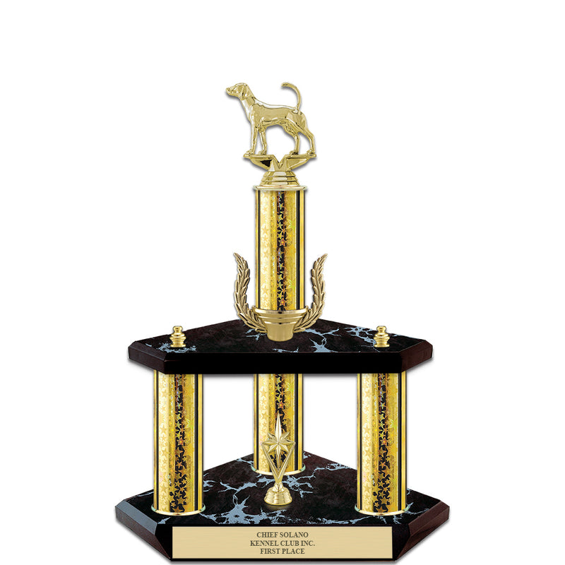 15" Custom 3 Column Black Base Award Trophy With Wreath & Figurine