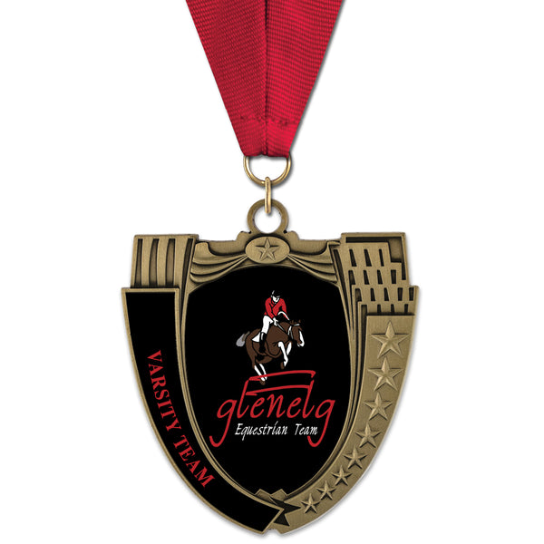 2-3/4" Custom MS Mega Shield Swimming Award Medal With Grosgrain Neck Ribbon