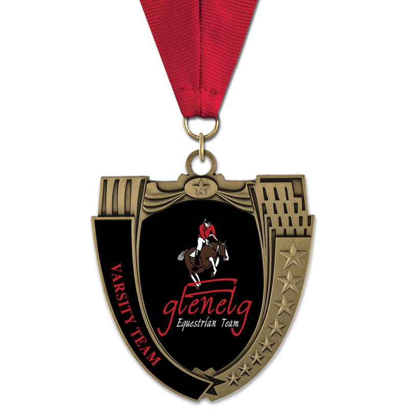 2-3/4" Custom MS Mega Shield Swimming Award Medal With Grosgrain Neck Ribbon