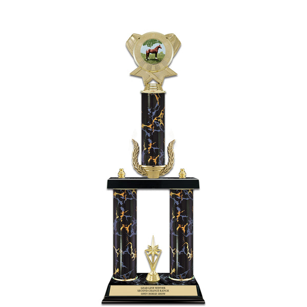 20" Custom 3 Column Black/Gold Award Trophy w/Wreath, Trim & Insert Top