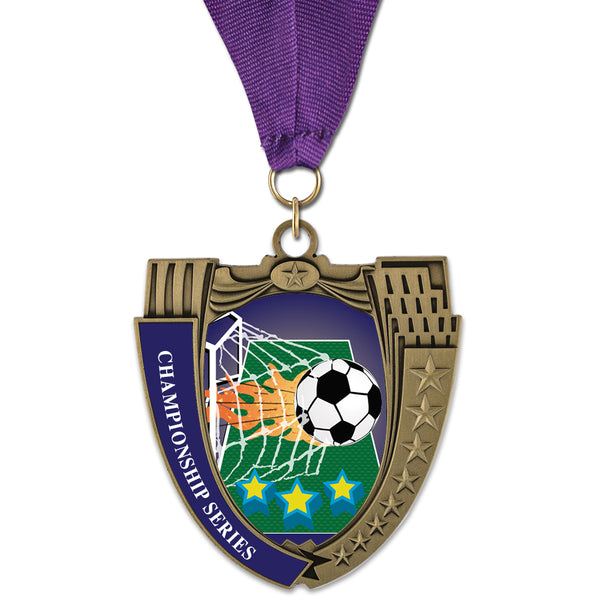 2-3/4" Custom MS Mega Shield Swimming Award Medal With Grosgrain Neck Ribbon