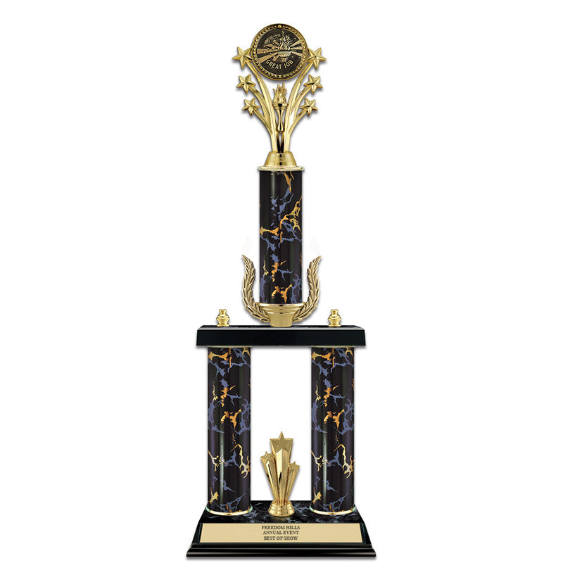 20" Custom 3 Column Black/Gold Award Trophy w/Wreath, Trim & Insert Top