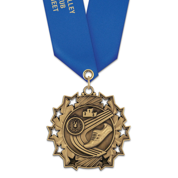 2-1/4" Custom Ten Star Award Medal With Satin Neck Ribbon