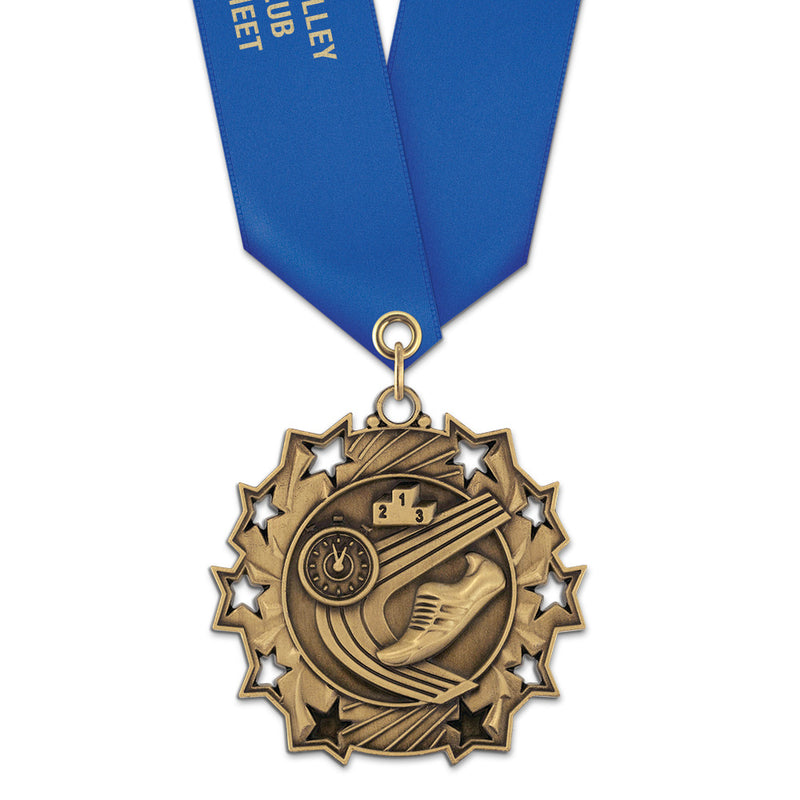 2-1/4" Custom Ten Star Award Medal With Satin Neck Ribbon