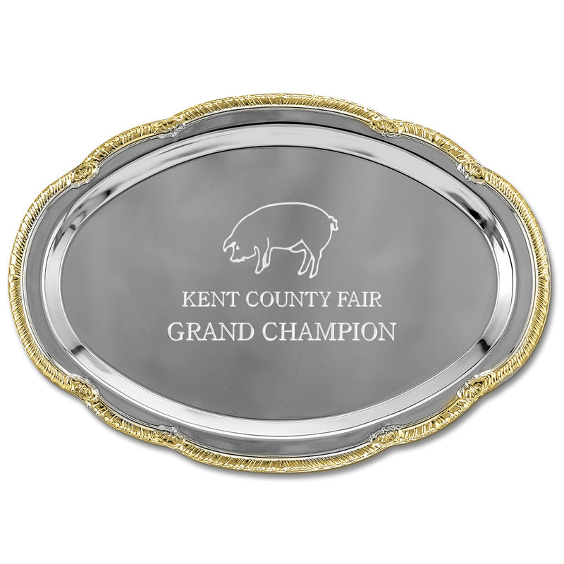 9" x 6-1/2" Scalloped Oval Award Tray With Gold Border