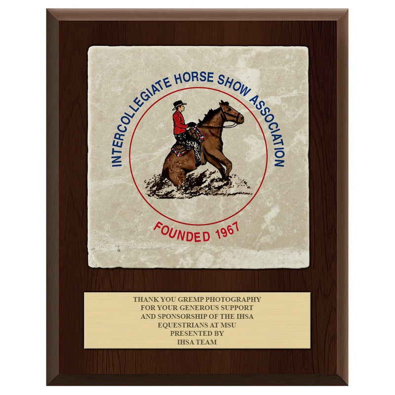 8" x 10"  Full Color Award Plaque  - Cherry Finish w/ Tumbled Stone Tile & Engraved Plate