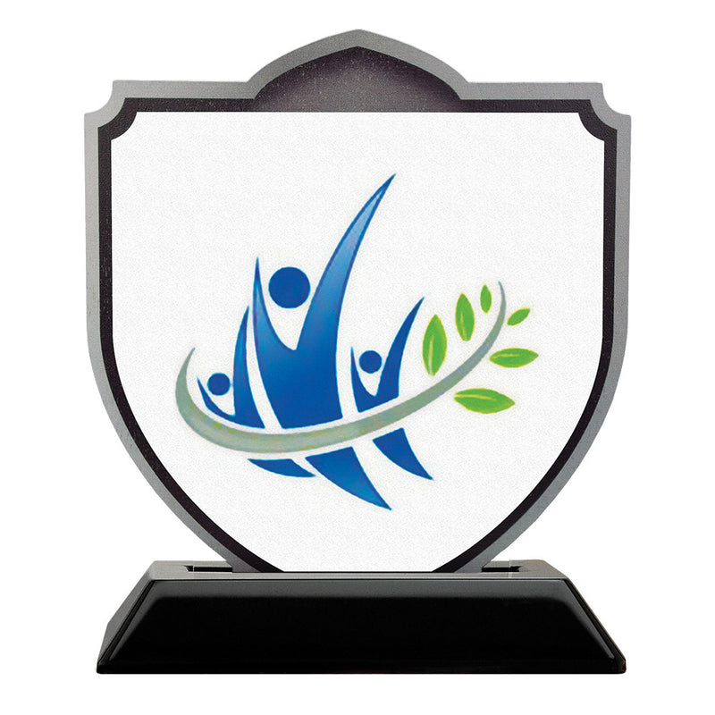 5" Shield Shape Birchwood Award Trophy With Black Base