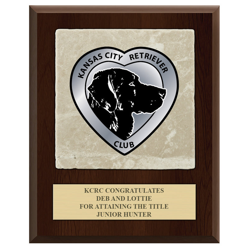 7" x 9"  Full Color Award Plaque  - Cherry Finish w/ Tumbled Stone Tile & Engraved Plate