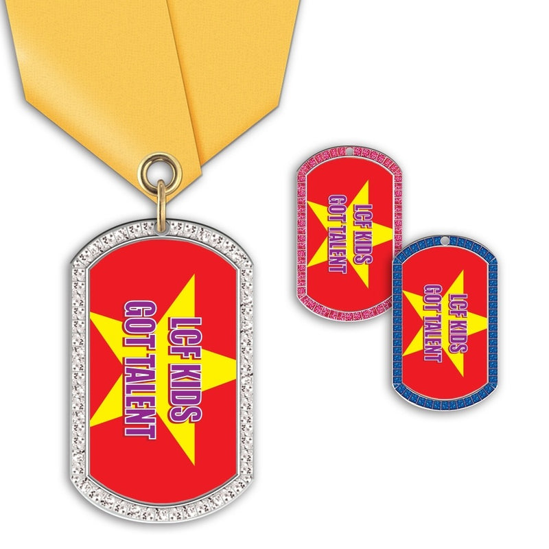 1-3/8" x 2-1/4"  Custom GEM Tag Medal w/ Satin Neck Ribbon