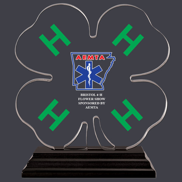 Custom Full Color Clover Shaped w/ Green H's Acrylic Award Trophy w/ Black Base