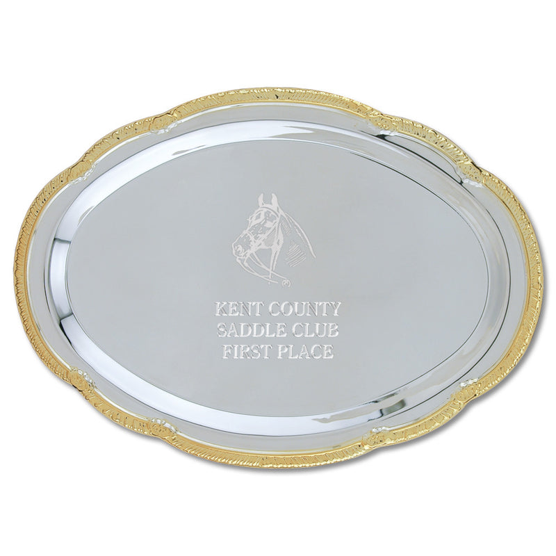 9" x 6-1/2" Scalloped Oval Award Tray With Gold Border