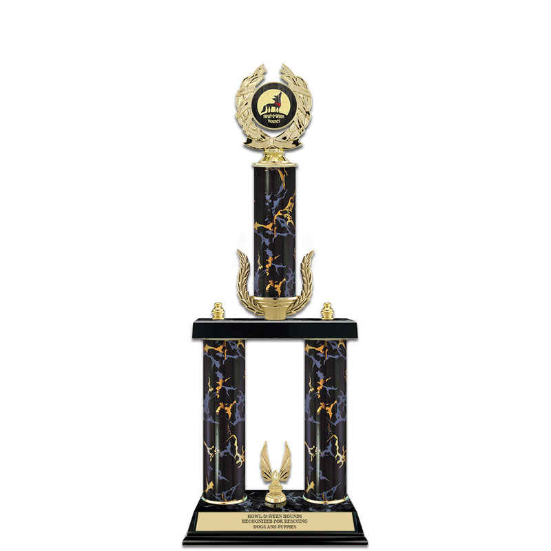 20" Custom 3 Column Black/Gold Award Trophy w/Wreath, Trim & Insert Top