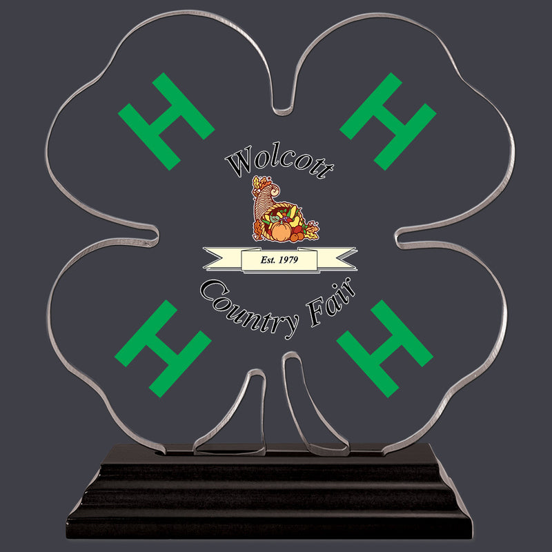 Custom Full Color Clover Shaped w/ Green H's Acrylic Award Trophy w/ Black Base