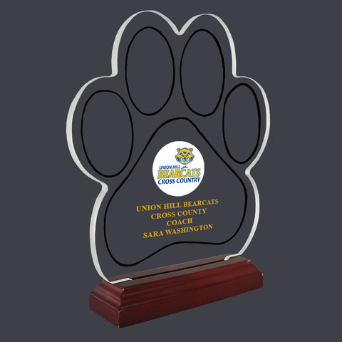 9-1/8" Full Color Large Paw Print Shaped Acrylic With Rosewood Base