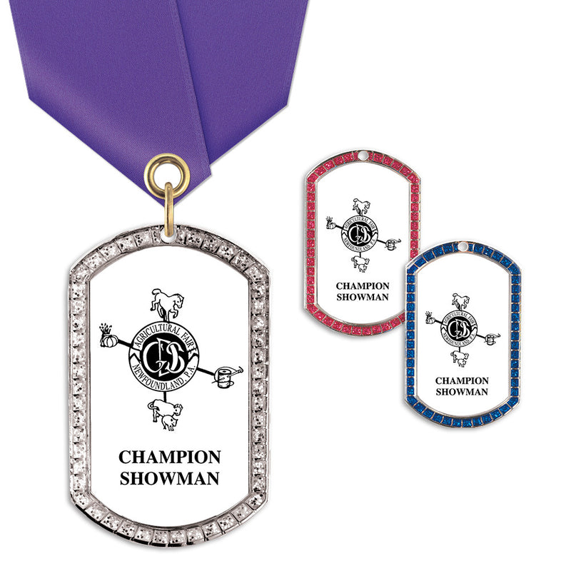 1-3/8" x 2-1/4"  Custom GEM Tag Medal w/ Satin Neck Ribbon