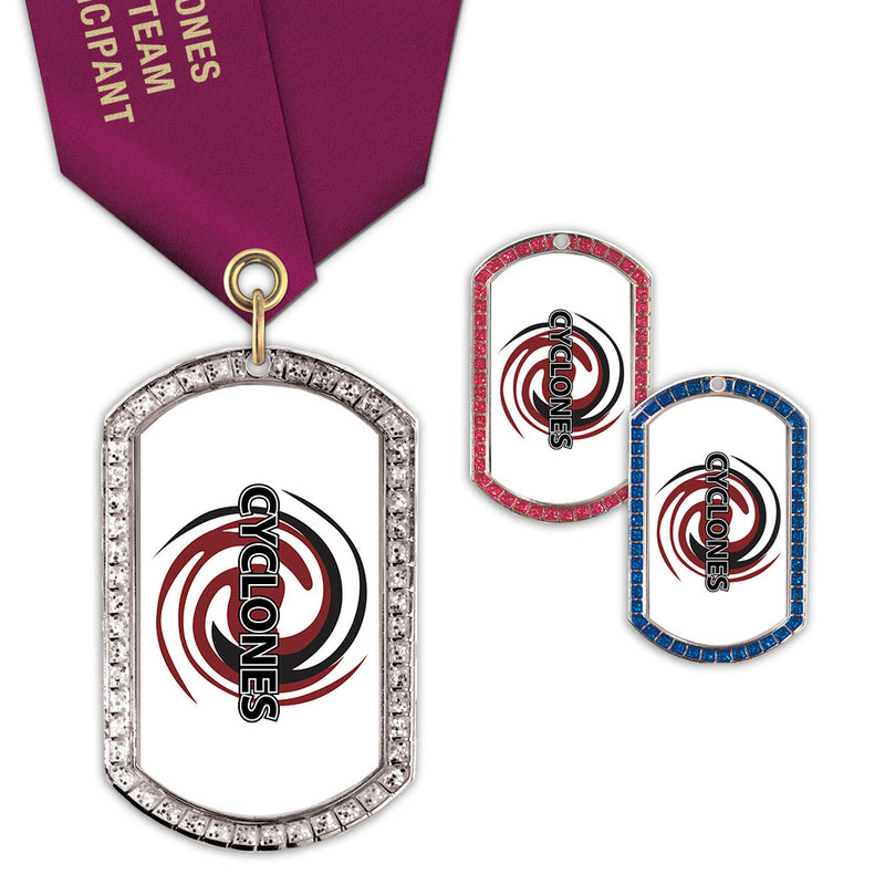 1-3/8" x 2-1/4"  Custom GEM Tag Medal w/ Satin Neck Ribbon