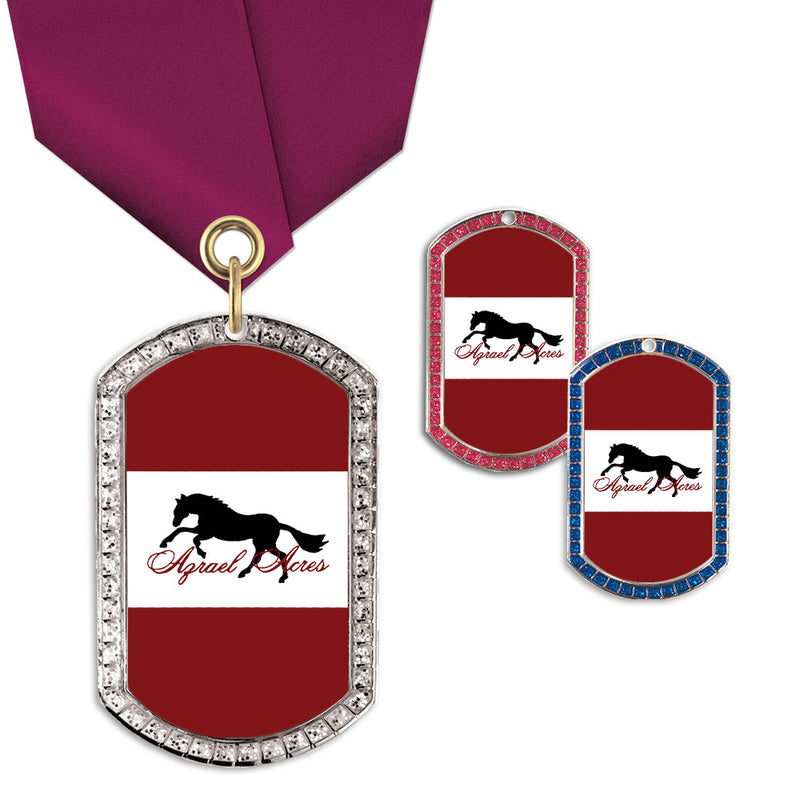 1-3/8" x 2-1/4"  Custom GEM Tag Medal w/ Satin Neck Ribbon