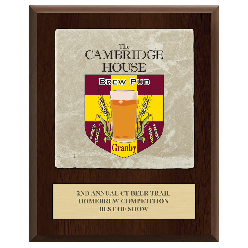 8" x 10"  Full Color Award Plaque  - Cherry Finish w/ Tumbled Stone Tile & Engraved Plate