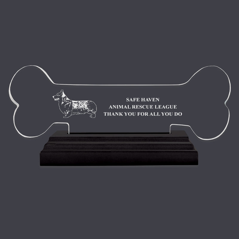 Engraved Dog Bone Shaped Acrylic Trophy w/ Black Base