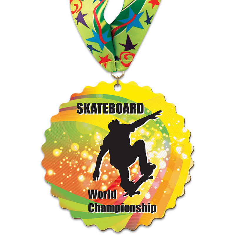 5" Custom Shape Birchwood Medal With Stock Millennium Neck Ribbon