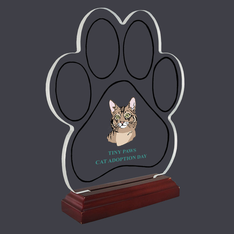 9-1/8" Full Color Large Paw Print Shaped Acrylic With Rosewood Base