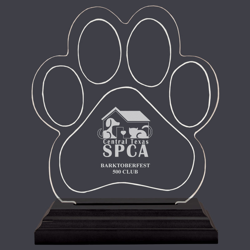 Engraved Small Paw Print Shaped Acrylic Trophy w/ Black Base