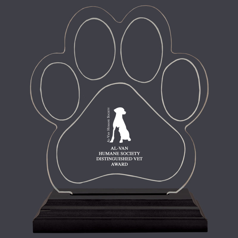 Engraved Small Paw Print Shaped Acrylic Trophy w/ Black Base