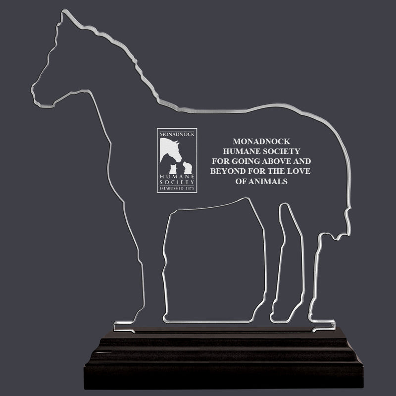 Engraved Horse Shaped Acrylic Trophy w/ Black Base