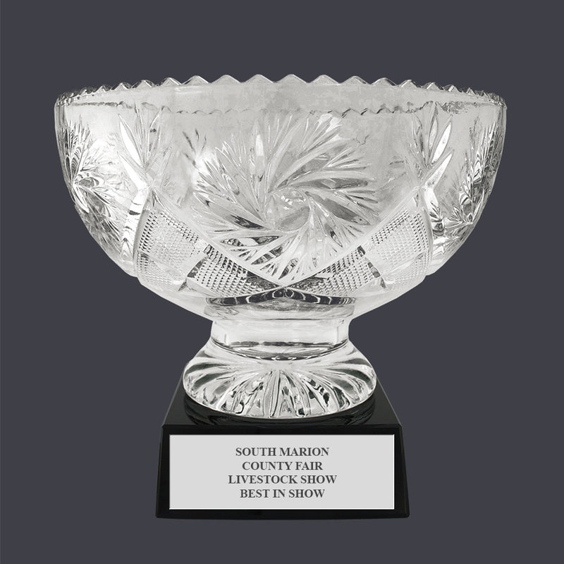 9-1/4" Custom Engraved Sunburst Optical Crystal Award Bowl With Base