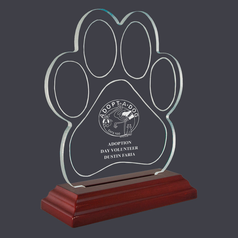 5-1/2" Custom Engraved Small Paw Print Acrylic With Rosewood Base