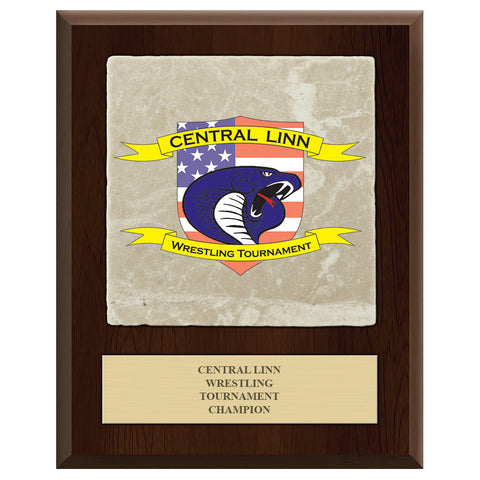 8" x 10"  Full Color Award Plaque  - Cherry Finish w/ Tumbled Stone Tile & Engraved Plate