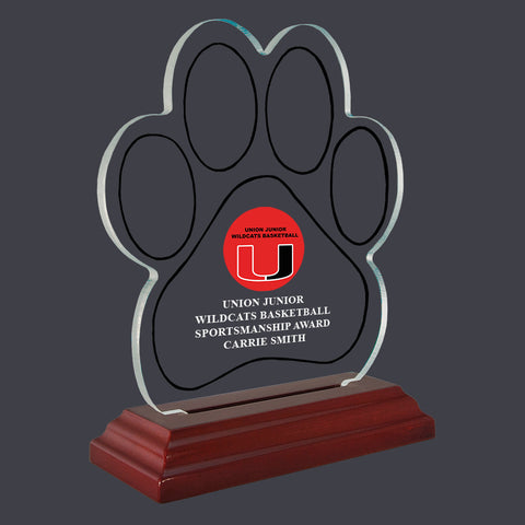 5-1/2" Custom Full Color Small Paw Print Shaped Acrylic With Rosewood Base