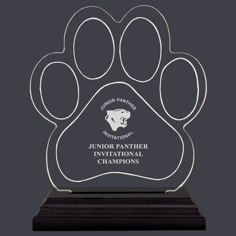 Engraved Small Paw Print Shaped Acrylic Trophy w/ Black Base