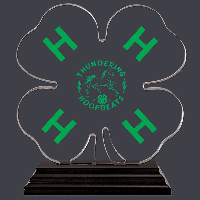 Custom Full Color Clover Shaped w/ Green H's Acrylic Award Trophy w/ Black Base