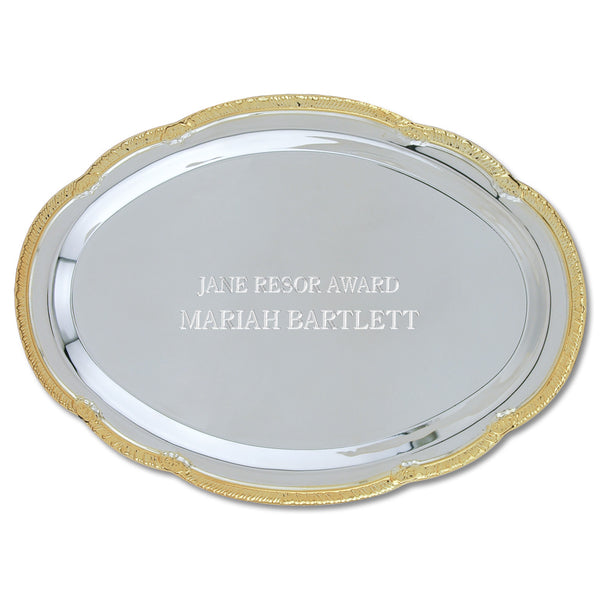 9" x 6-1/2" Scalloped Oval Award Tray With Gold Border